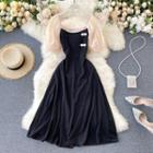 Square-neck Color Panel Puff-sleeve Dress
