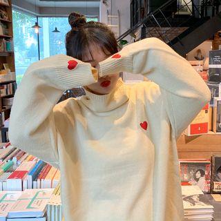 Heart Embroidered Turtleneck Sweater