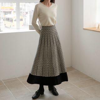Velvet-trim Patterned Long Skirt Beige - One Size
