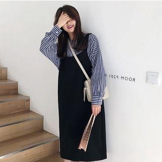 Set: Striped Shirt + Plain Midi Jumper Dress