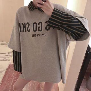 Mock Two-piece Lettering Stripe Pullover As Shown In Figure - One Size