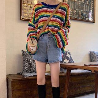 Striped Pointelle Knit Top As Shown In Figure - One Size