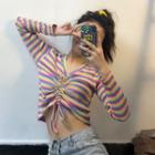 Rainbow Stripe Ruched Front Cropped Knit Top