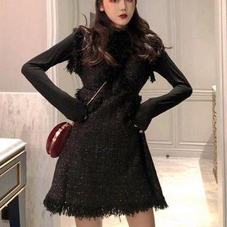 Set: Tweed Sleeveless Dress + Plain Long-sleeve T-shirt
