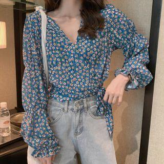 Floral Print Cropped Wrap Blouse As Shown In Figure - One Size
