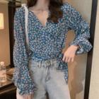 Floral Print Cropped Wrap Blouse As Shown In Figure - One Size