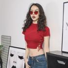 Lace Up-side Crop Knit Top