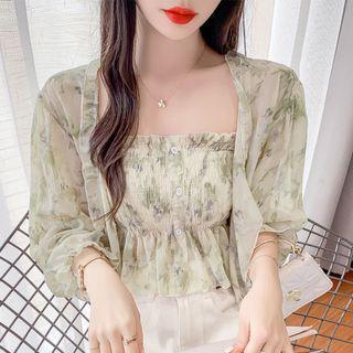 Set: Floral Printed Chiffon Camisole + Cardigan