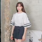 Wide Elbow-sleeve Contrast-trim Top
