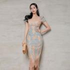 Puff-sleeve Print Lace Panel Midi Sheath Dress