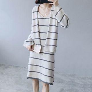 Set: Striped Open Front Cardigan + Spaghetti Strap Knit Dress