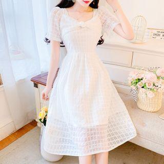 Short-sleeve Bow-accent Plain A-line Dress