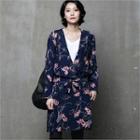 Open-front Floral Pattern Cardigan With Sash