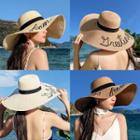 Embroidered Lettering Straw Hat Milky White - One Size