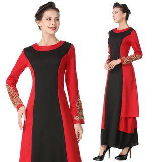Color Block Long-sleeve A-line Maxi Dress