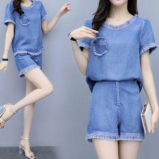 Set: Short-sleeve Frayed Denim Top + Shorts