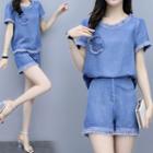 Set: Short-sleeve Frayed Denim Top + Shorts