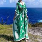 Drawstring Leaf Print 3/4-sleeve Maxi Dress Green - One Size