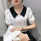 Puff-sleeve Contrast Collar Embroidered Cropped Blouse