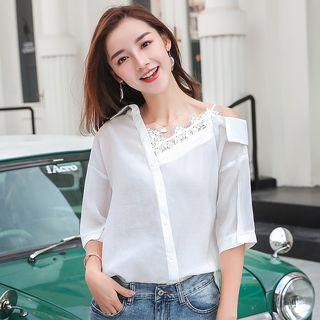 Lace Trim Elbow-sleeve Asymmetrical Blouse
