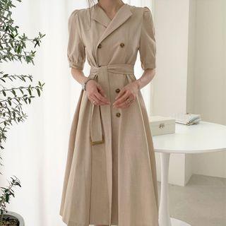 Double-breasted Elbow-sleeve Midi A-line Dress
