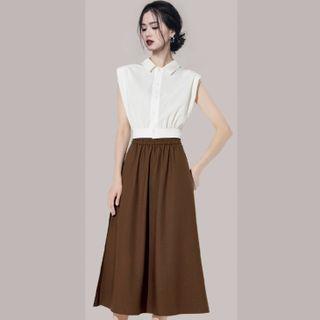 Set: Sleeveless Plain Shirt + Midi A-line Skirt