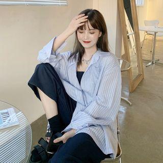 Long-sleeve Striped Loose-fit Shirt / Sleeveless Plain Jumpsuit