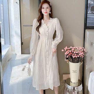 Long-sleeve V-neck Lace Panel Chiffon Dress