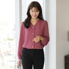 V-neck Faux-pearl Button-up Blouse