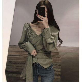 Plain V-neck Tie-waist Blouse