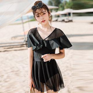 Set: Fishnet Panel Swimsuit + Swim Skirt