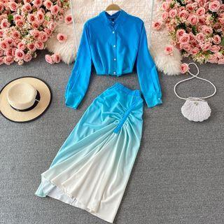 Set: Long Sleeve Shirt + Ruched Gradient Skirt