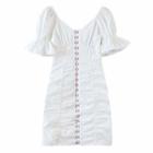 Puff-sleeve Plain Shirred Mini Bodycon Dress