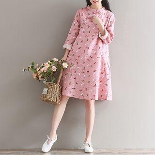Printed Mandarin Collar Long-sleeve A-line Dress