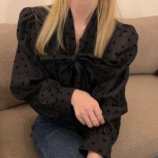 Bow-neck Dotted Blouse Black - One Size