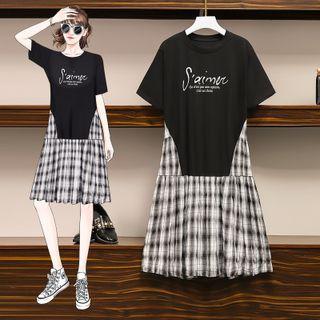 Lettering Plaid Panel Midi A-line Dress