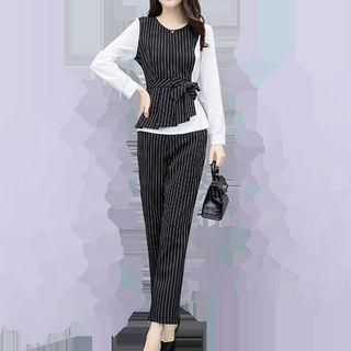 Set: Long-sleeve Striped Panel Top + Dress Pants