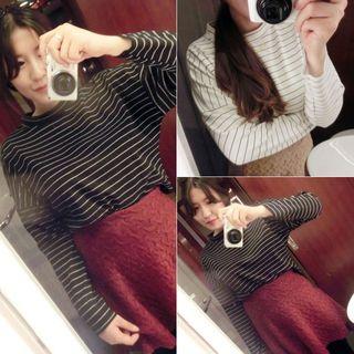 Striped Long Sleeve Mock Neck T-shirt
