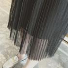 Pleated Sheer Panel Midi Skirt