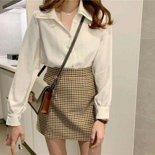 Set: Plain Shirt + Houndstooth Mini A-line Skirt