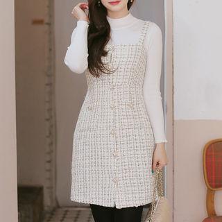 Set: Tweed Mini Pinafore Dress + Mock-neck Top