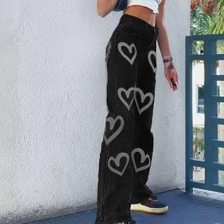 High-waist Heart Print Wide-leg Jeans