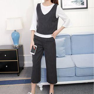 Set: Plain 3/4 Sleeve Top + Tank Top + Plain Cropped Pants