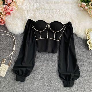 Off-shoulder Rhinestone Long-sleeve Blouse