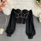 Off-shoulder Rhinestone Long-sleeve Blouse