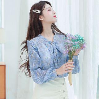 Bow-neck Ruffle Trim Floral Blouse
