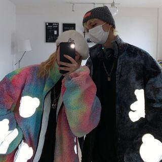 Cartoon Bear Panel Fleece Zip Jacket