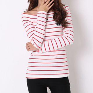 Long-sleeve Off Shoulder Striped T-shirt