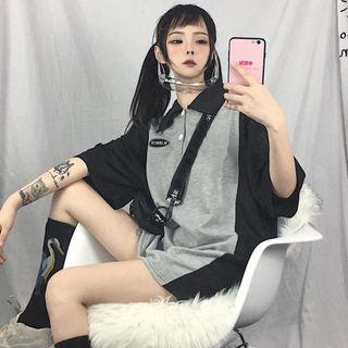 Elbow-sleeve Embroidered Oversized Polo Shirt