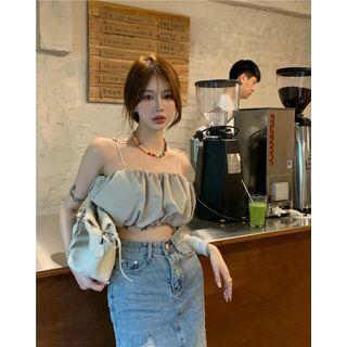 Cropped Camisole Top / Slit Denim Midi Pencil Skirt